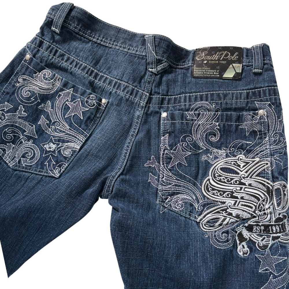 Southpole Mens Dark Wash Embroidered Tribal Star Relaxed Fit Y2K Jeans Blue